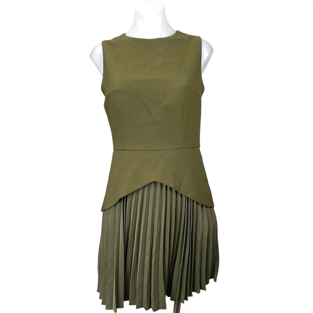 Commense Green Sleeveless Pleated Plisse Layered Mini Tank Flare A-Line Dress M